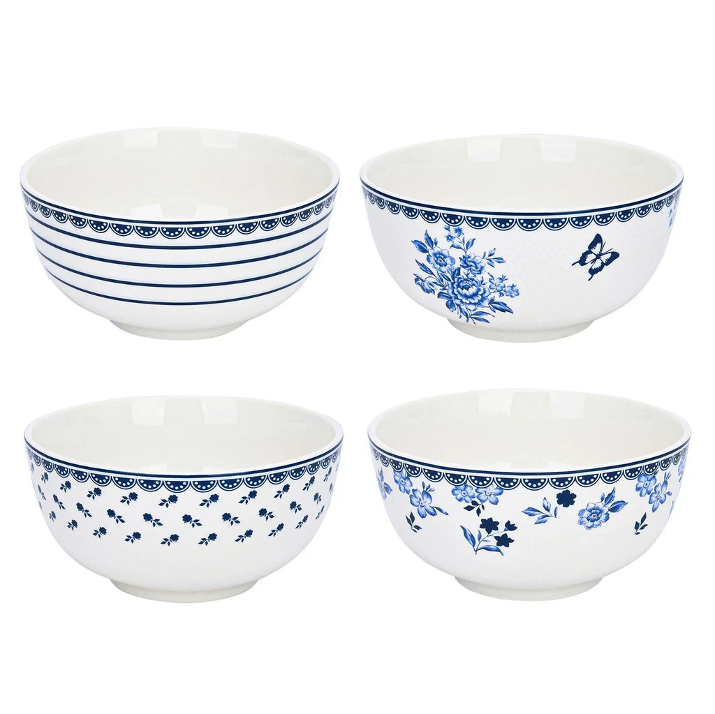 Set of 4 Blue & White Porcelain Cereal Bowls – Floral Mismatch Design Soup, Rice & Dessert Bowls