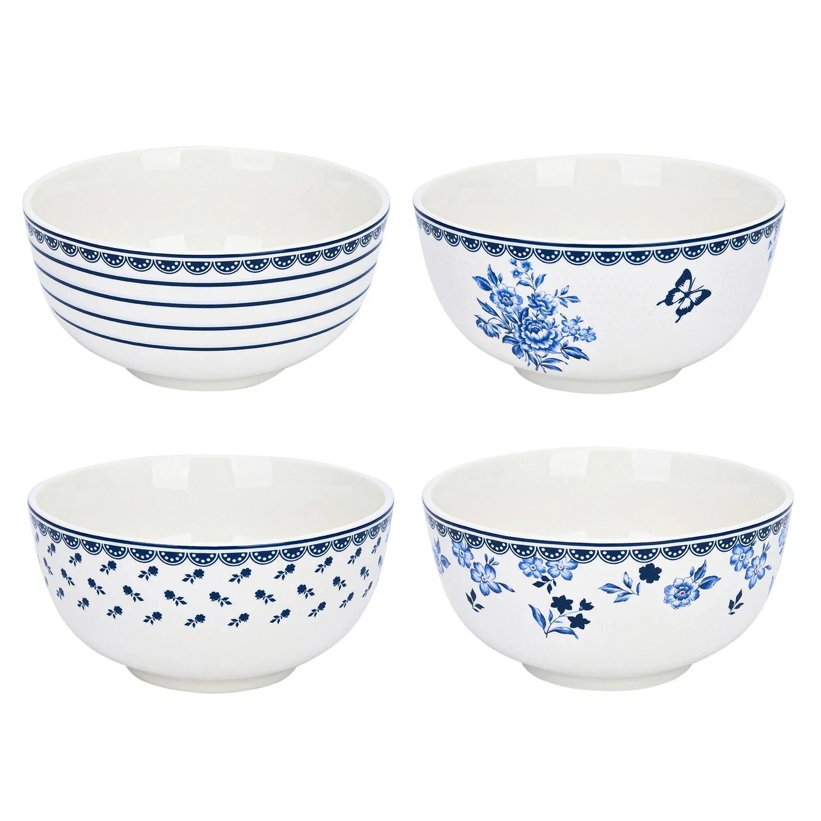 Set of 4 Blue & White Porcelain Cereal Bowls – Floral Mismatch Design Soup, Rice & Dessert Bowls