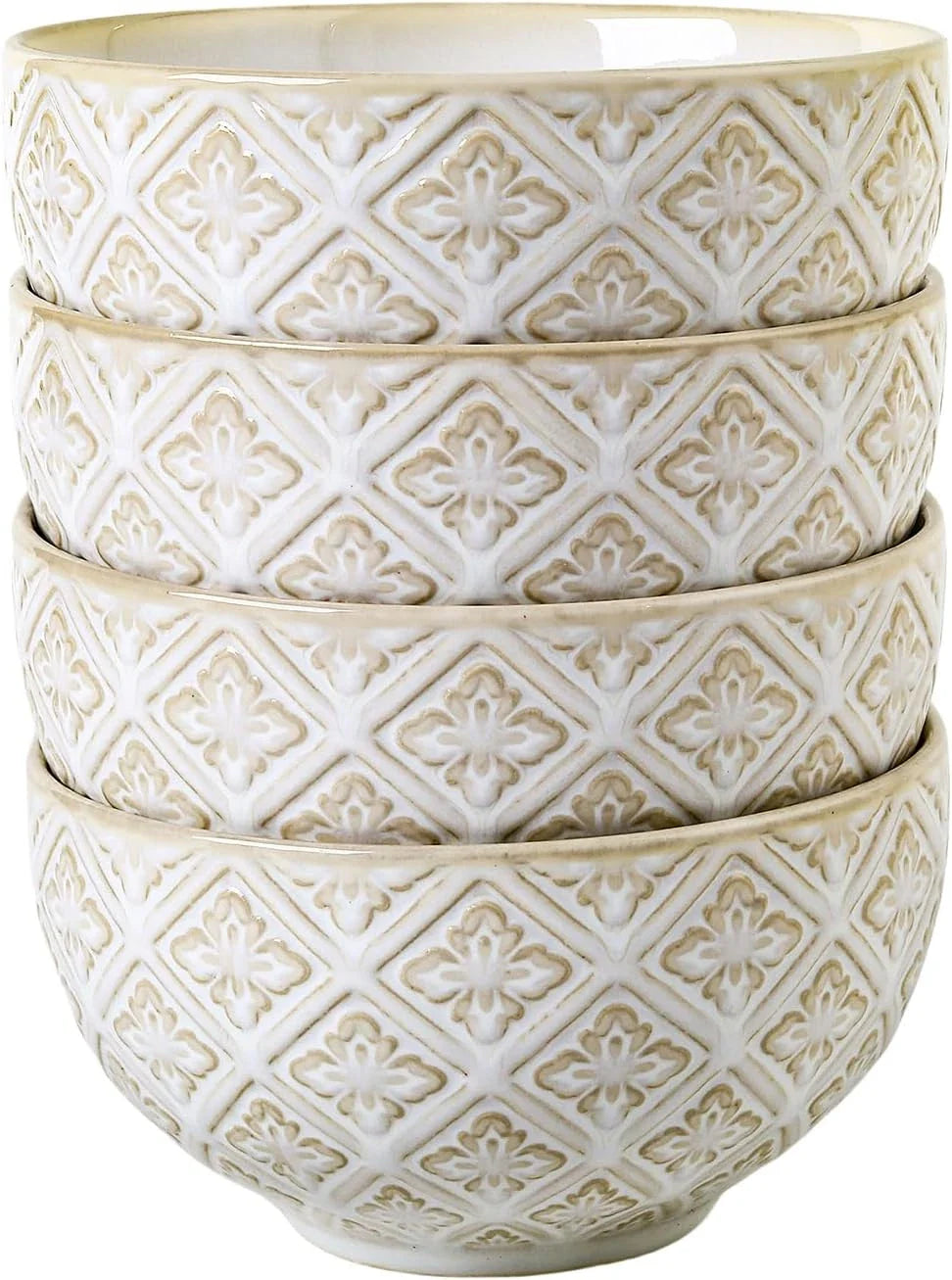 26 oz Ceramic Cereal Bowl Set of 4 – Embossed Porcelain Soup, Salad & Rice Bowls for Kitchen