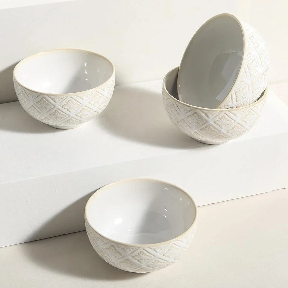 26 oz Ceramic Cereal Bowl Set of 4 – Embossed Porcelain Soup, Salad & Rice Bowls for Kitchen