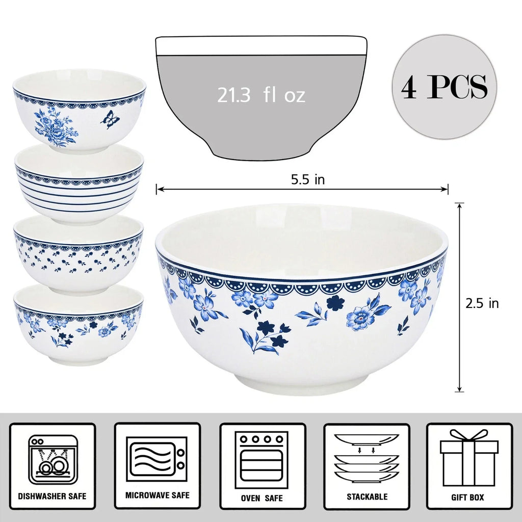 Set of 4 Blue & White Porcelain Cereal Bowls – Floral Mismatch Design Soup, Rice & Dessert Bowls