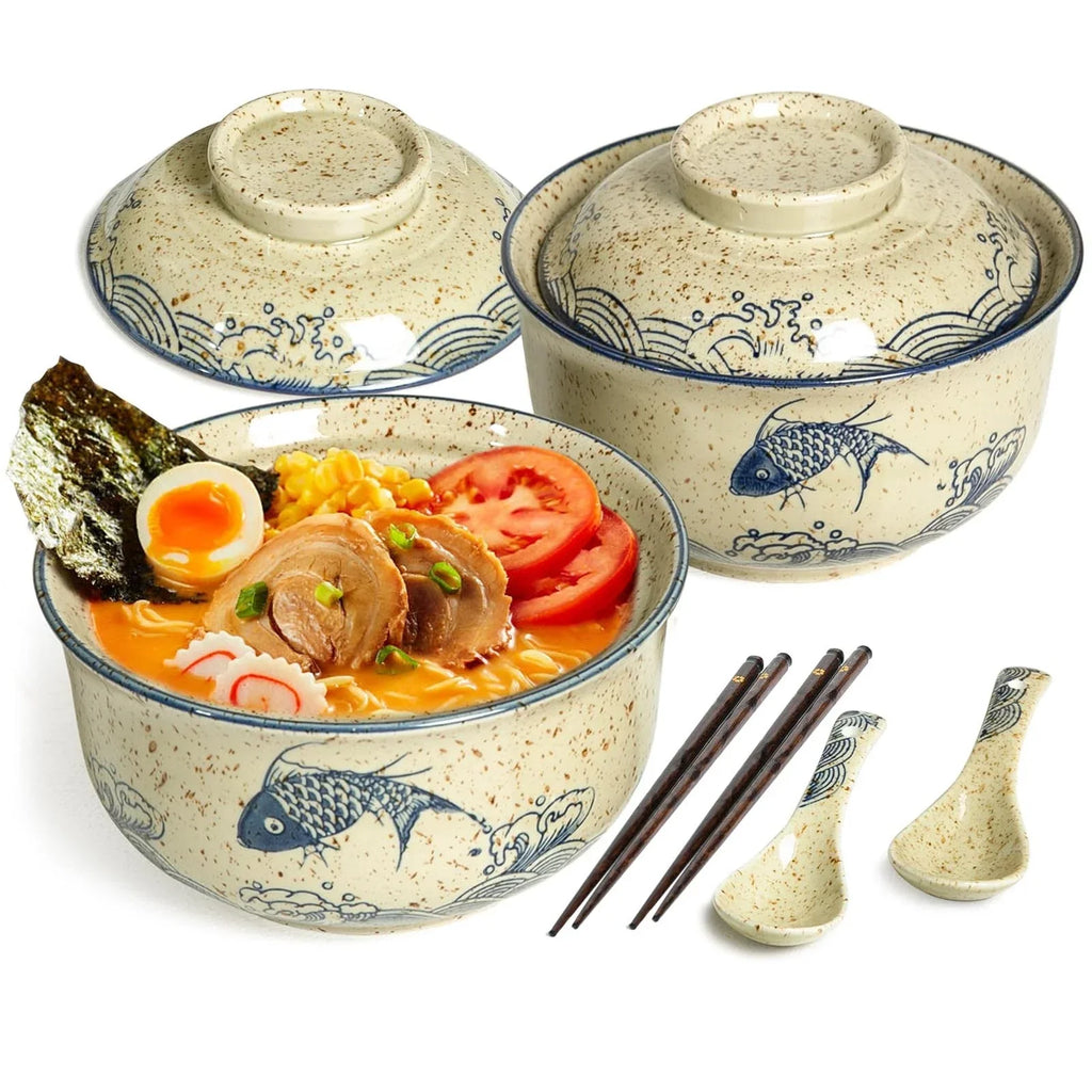 Japanese Ramen Bowl Set of 2 with Lids – 27 oz Ceramic Noodle Bowls for Soup, Udon, Pho & Rice