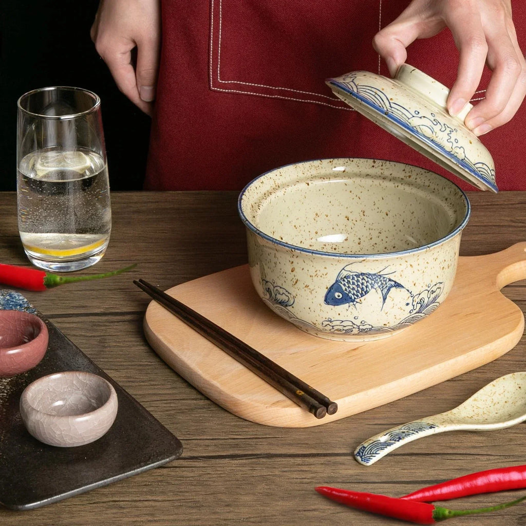 Japanese Ramen Bowl Set of 2 with Lids – 27 oz Ceramic Noodle Bowls for Soup, Udon, Pho & Rice