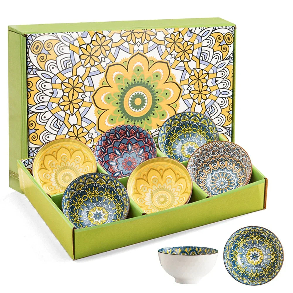 Set of 6 Colorful Ceramic Rice Bowls 10 oz – Bohemian Grain Fruit, Snack & Dessert Bowls