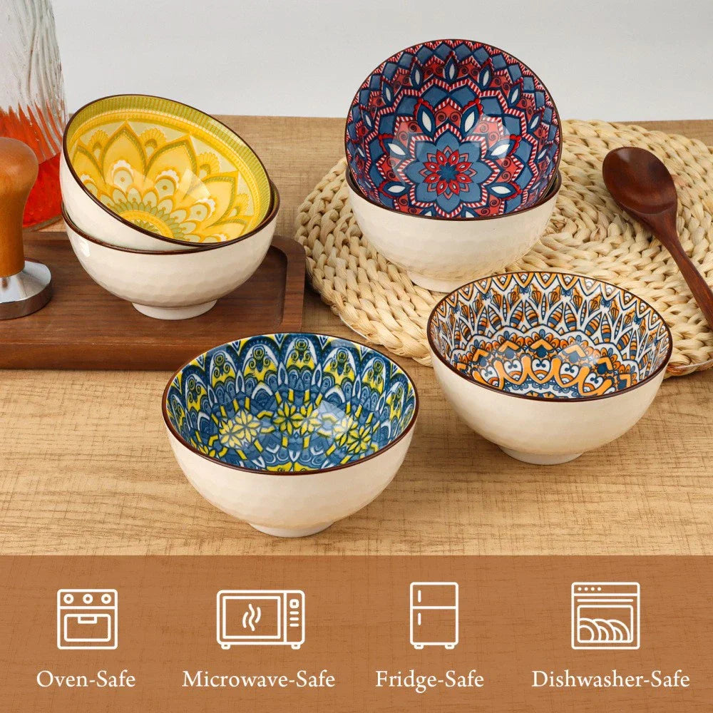 Set of 6 Colorful Ceramic Rice Bowls 10 oz – Bohemian Grain Fruit, Snack & Dessert Bowls